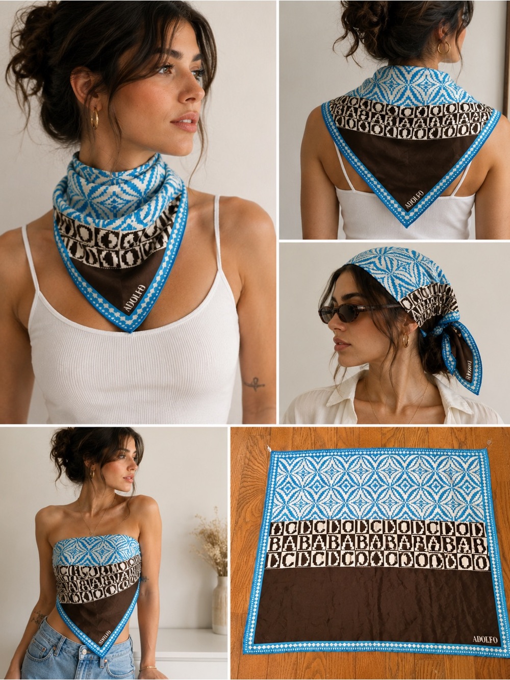 Vintage Adolfo 100% Silk Monogram Scarf Blue Brown Geometric Logo Bandana 30x30